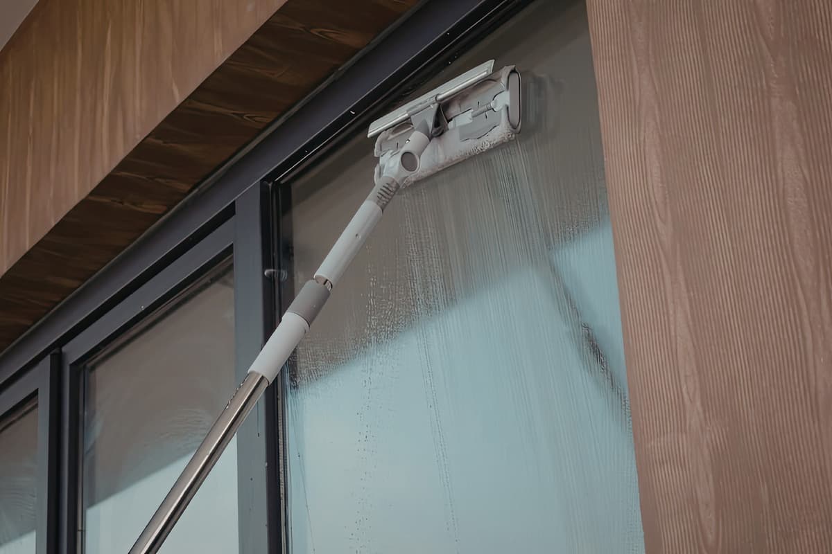 Telescopic pole washing exterior window glass